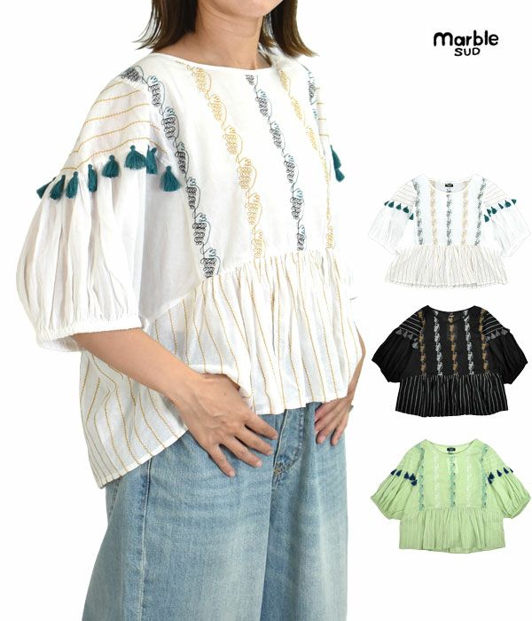 マーブルシュッド (marble SUD) グレープチック Volume SL BL 5分袖刺繍プルオーバーシャツ ブラウス 05AS305018