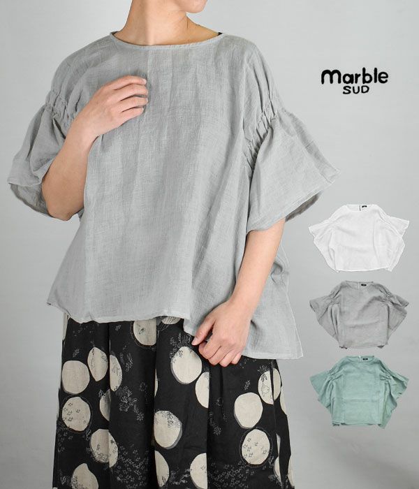 マーブルシュッド(marble SUD)Linen ワッシャー シャーリング BL 半袖プルオーバーシャツ ブラウス 05AM046098