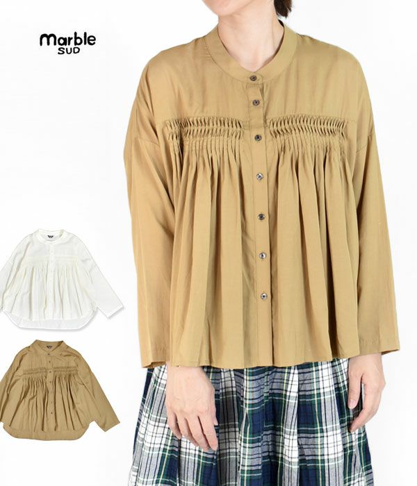 マーブルシュッド (marble SUD) ネップテンセル ピンタックShirt ノーカラー長袖ブラウス 05DF073158