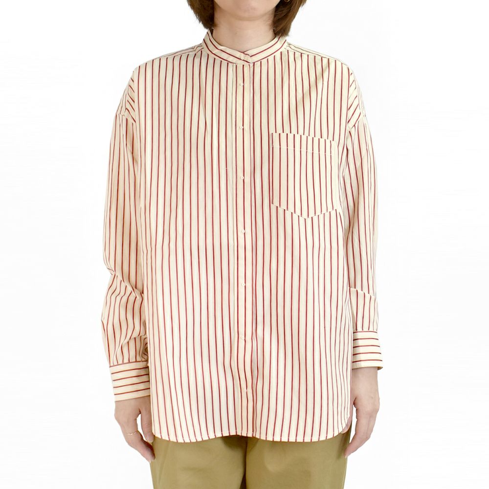 ポンデシャロン (PONT DE CHALONS) 刺繍釦バントカラーポケットSH 長袖ストライプノーカラーシャツ オーバーサイズ 22451311