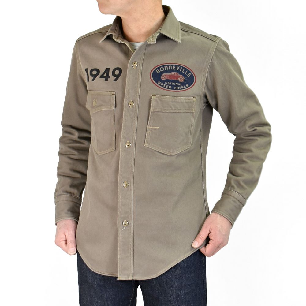 フリーホイーラーズ (FREEWHEELERS) -BONNEVILLE OFFICIAL FUELING STATION- Gemsa 1930s STYLE WORK CLOTHING 長袖プリントワークシャツ 2433003