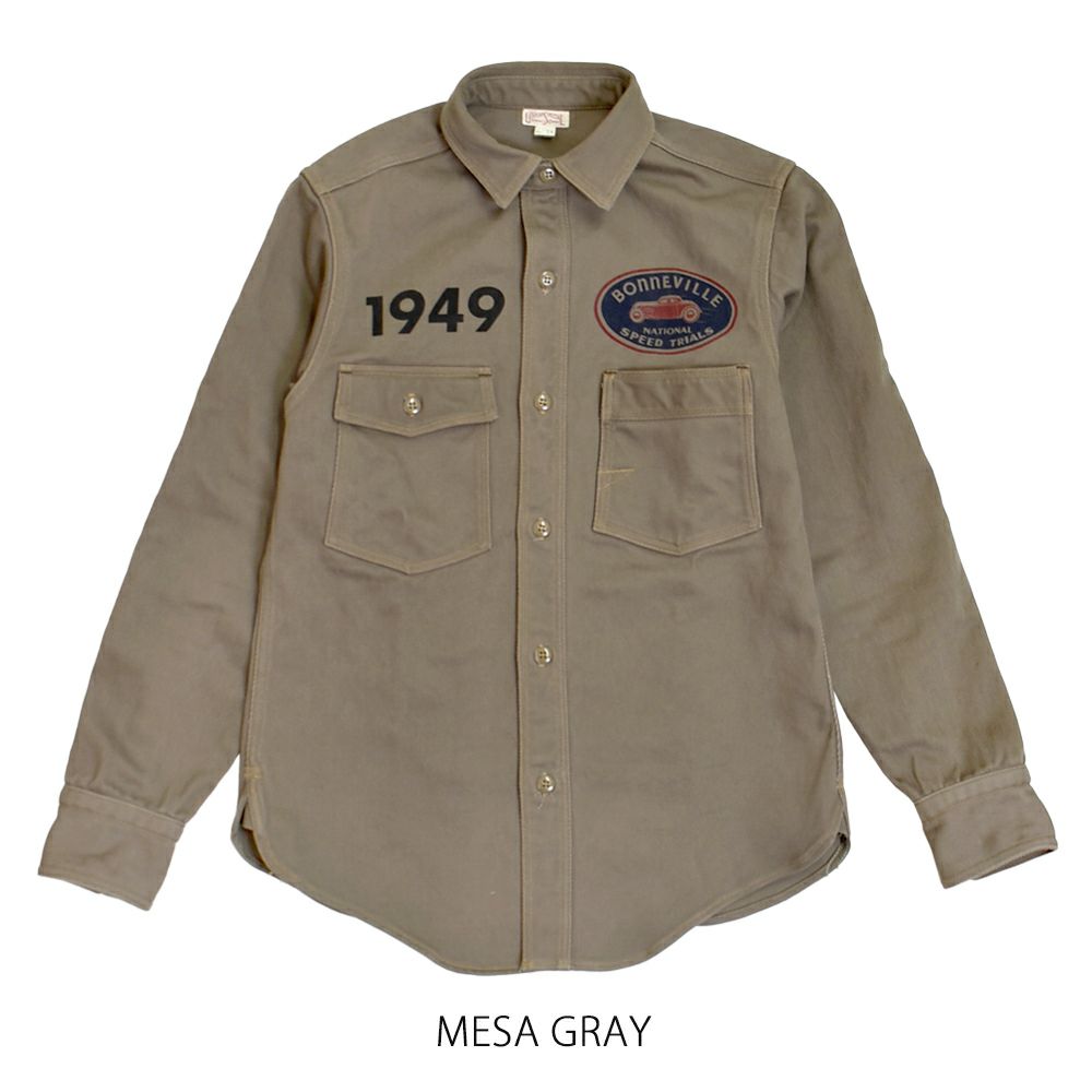 フリーホイーラーズ (FREEWHEELERS) -BONNEVILLE OFFICIAL FUELING STATION- Gemsa 1930s STYLE WORK CLOTHING 長袖プリントワークシャツ 2433003 MESA GRAY