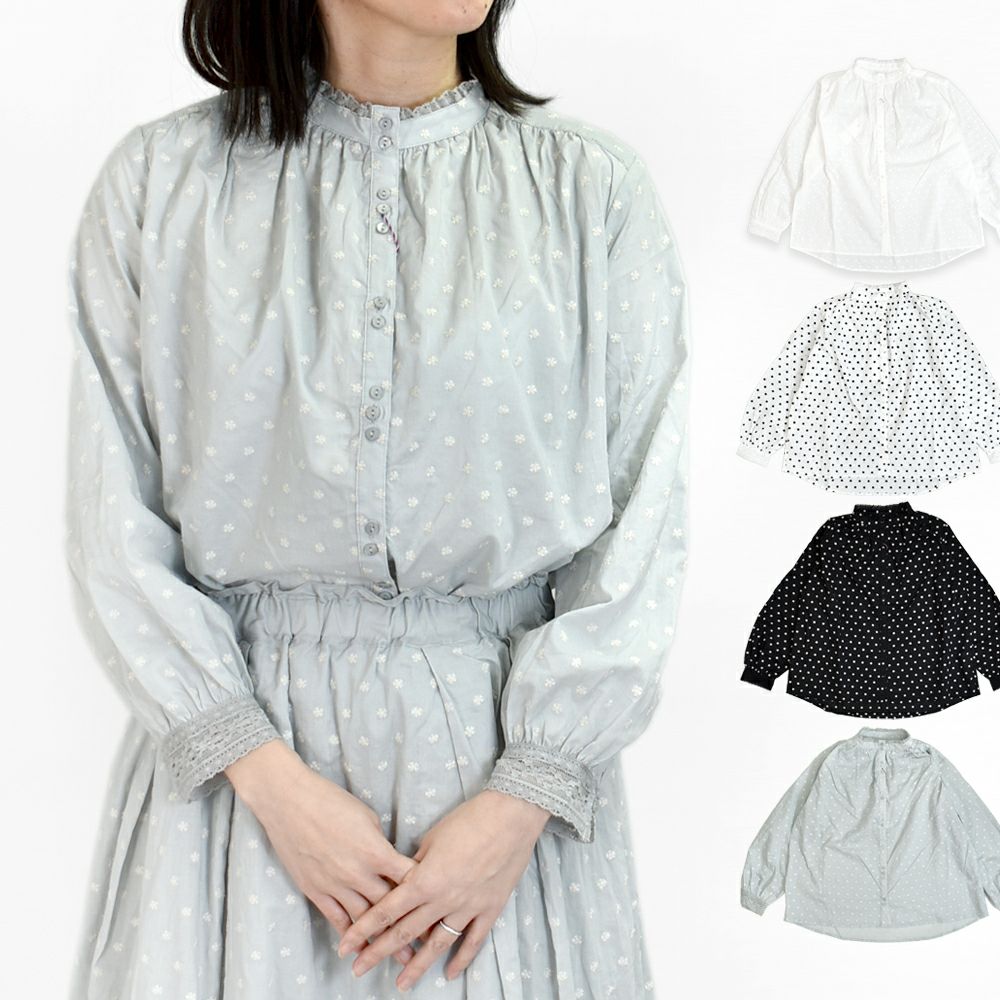 ポンデシャロン (PONT DE CHALONS) 刺繡バンドカラーBL 小花モチーフ 刺繍 ブラウス シャツ 22480311