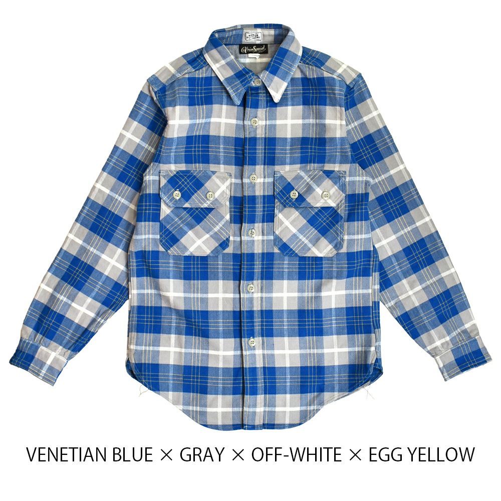 フリーホイーラーズ (FREEWHEELERS) -NOMAD- WORK SHIRT 1950s STYLE WORK CLOTHING 長袖チェックネルシャツ 2433001 VENETIAN BLUE × GRAY × OFF-WHITE × EGG YELLOW