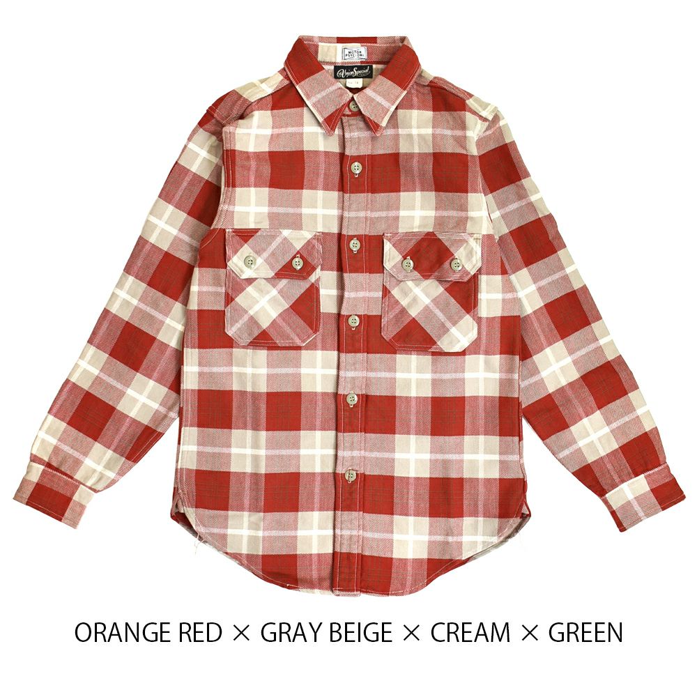 フリーホイーラーズ (FREEWHEELERS) -NOMAD- WORK SHIRT 1950s STYLE WORK CLOTHING 長袖チェックネルシャツ 2433001 ORANGE RED × GRAY BEIGE × CREAM × GREEN