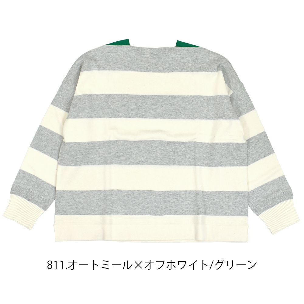 マオメイド (MAOMADE) みなさまおなじみ 配色 ガゼット しましま プルオーバー 長袖コットンニット プルオーバー 511106 811.オートミール×オフホワイト/グリーン