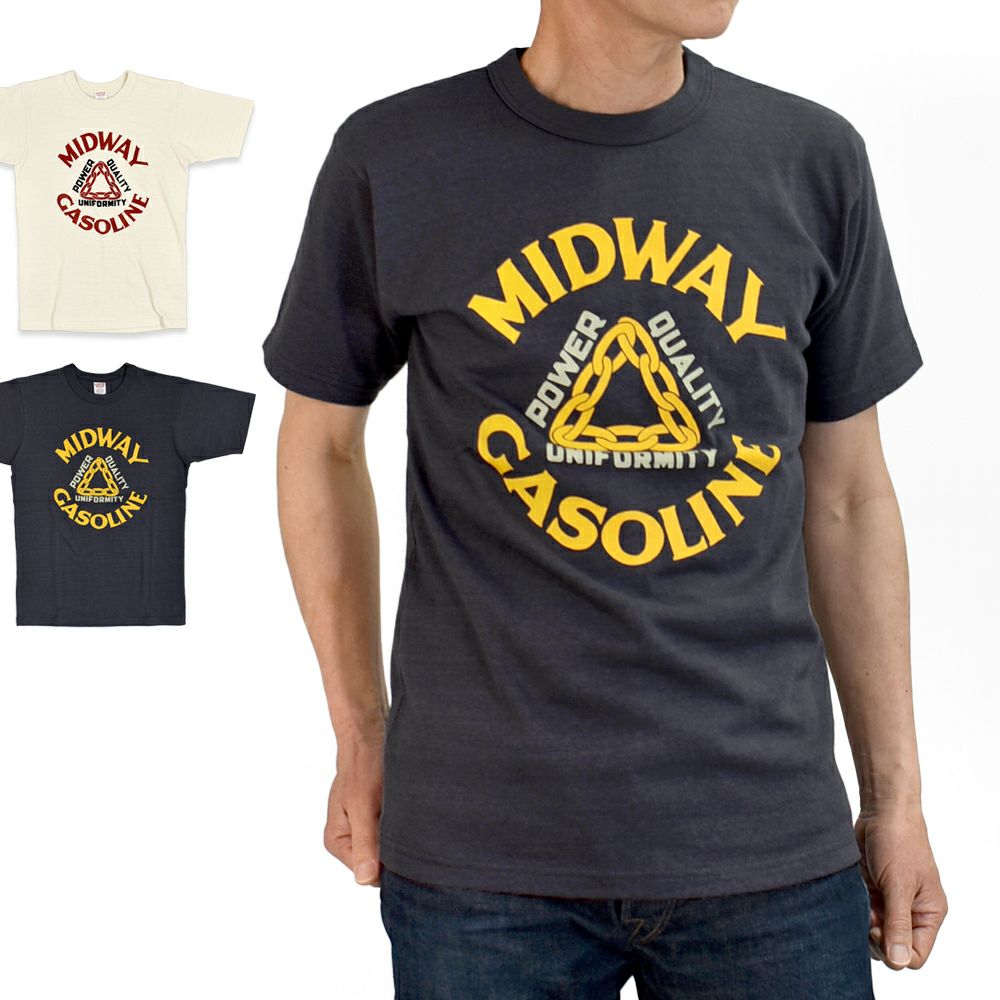 フリーホイーラーズ (FREEWHEELERS) -MIDWAY GASOLINE- Vintage Style Medium Weight Jersey STRAW CREAM / FADE NAVY 半袖プリントTシャツ 2525009