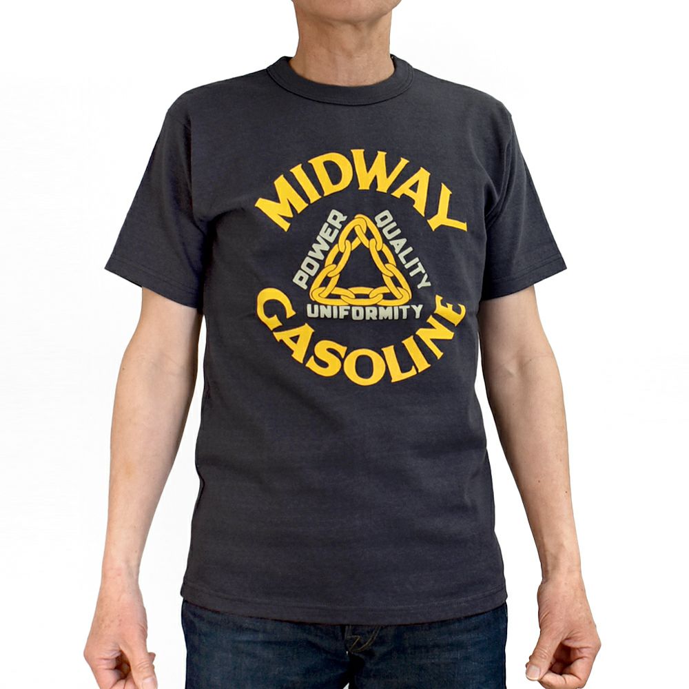 フリーホイーラーズ (FREEWHEELERS) -MIDWAY GASOLINE- Vintage Style Medium Weight Jersey STRAW CREAM / FADE NAVY 半袖プリントTシャツ 2525009