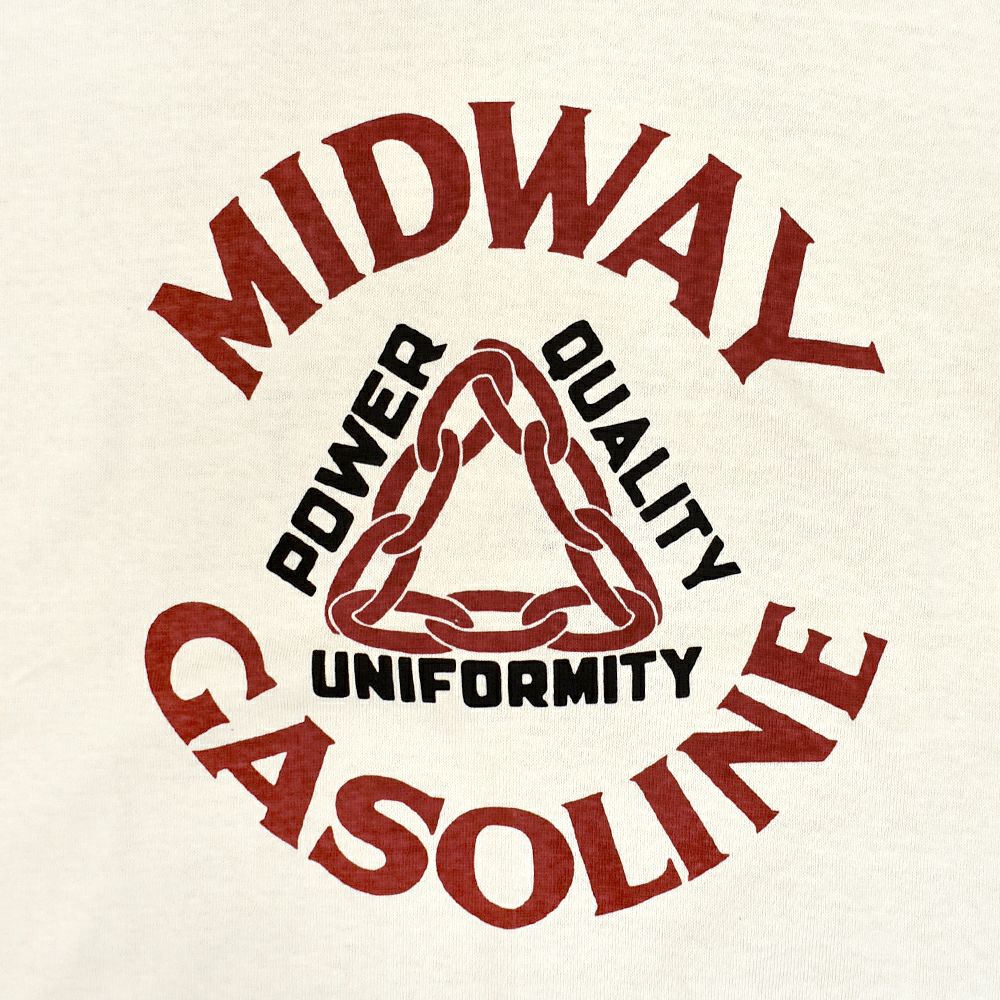 フリーホイーラーズ (FREEWHEELERS) -MIDWAY GASOLINE- Vintage Style Medium Weight Jersey STRAW CREAM / FADE NAVY 半袖プリントTシャツ 2525009