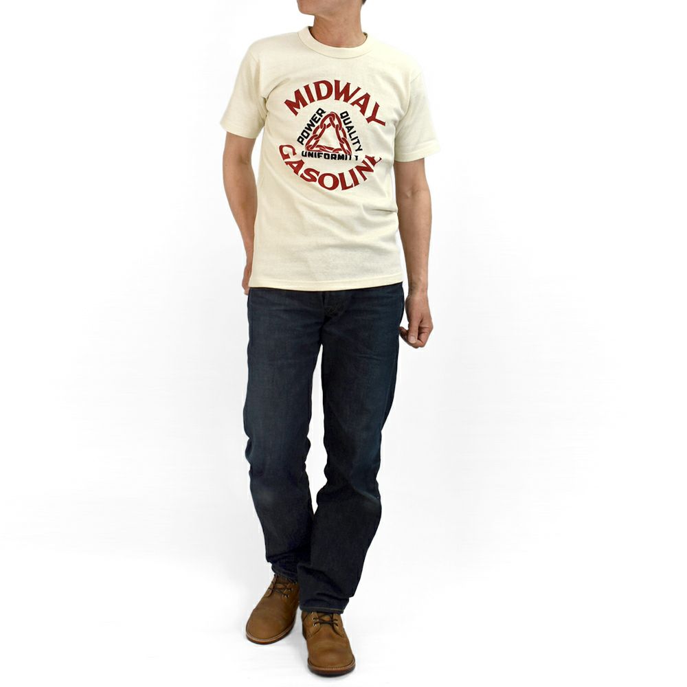フリーホイーラーズ (FREEWHEELERS) -MIDWAY GASOLINE- Vintage Style Medium Weight Jersey STRAW CREAM / FADE NAVY 半袖プリントTシャツ 2525009