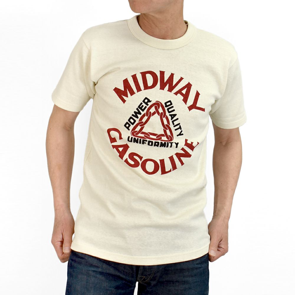 フリーホイーラーズ (FREEWHEELERS) -MIDWAY GASOLINE- Vintage Style Medium Weight Jersey STRAW CREAM / FADE NAVY 半袖プリントTシャツ 2525009