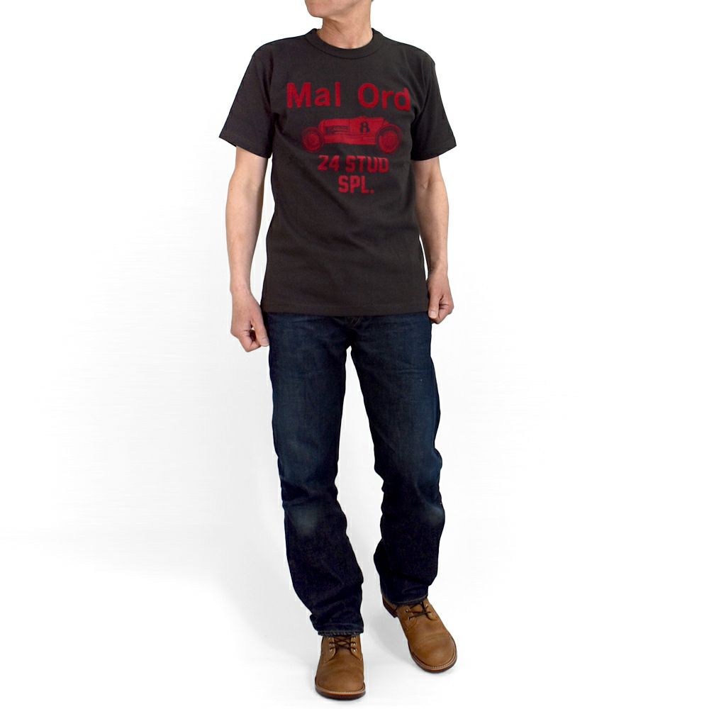 フリーホイーラーズ (FREEWHEELERS) -Mal Ord- Vintage Style Medium Weight Jersey JET BLACK 半袖プリントTシャツ フロッキープリント 2525016