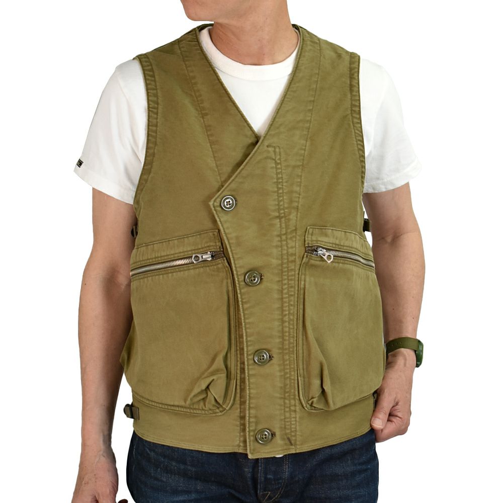 フリーホイーラーズ (FREEWHEELERS) -SPEED ENGINEER- SLEEVELESS COAT Vintage Style Sulfide Dyed Military Moleskin KHAKI コットンベスト エンジニアリングベスト 2521008