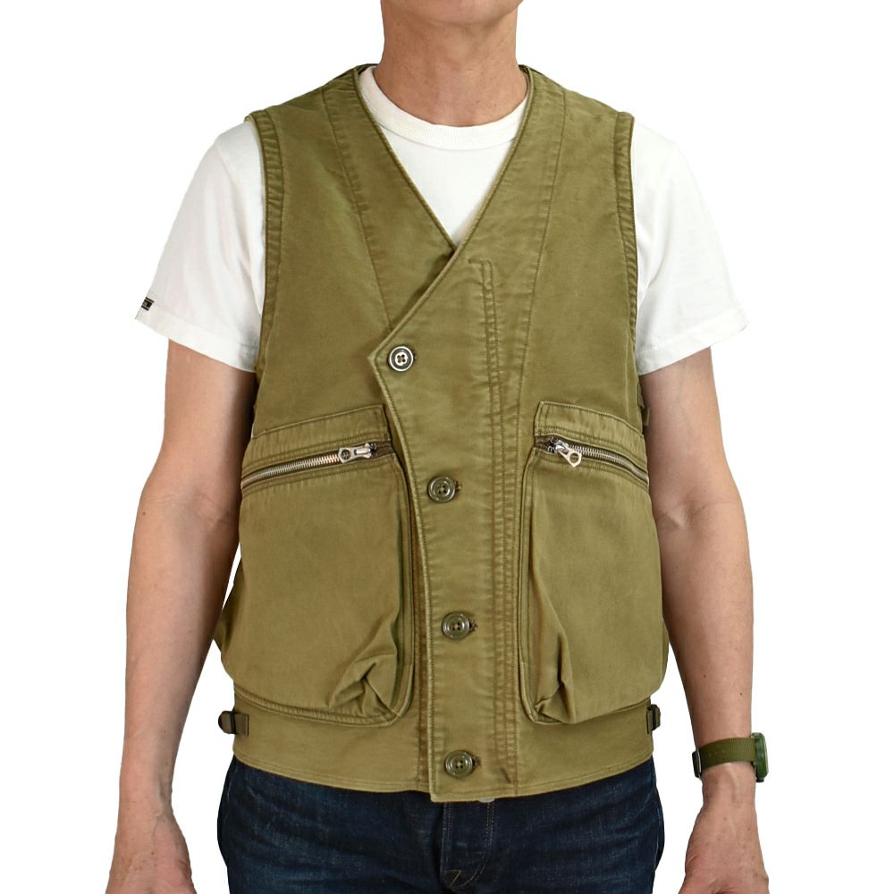 フリーホイーラーズ (FREEWHEELERS) -SPEED ENGINEER- SLEEVELESS COAT Vintage Style Sulfide Dyed Military Moleskin KHAKI コットンベスト エンジニアリングベスト 2521008