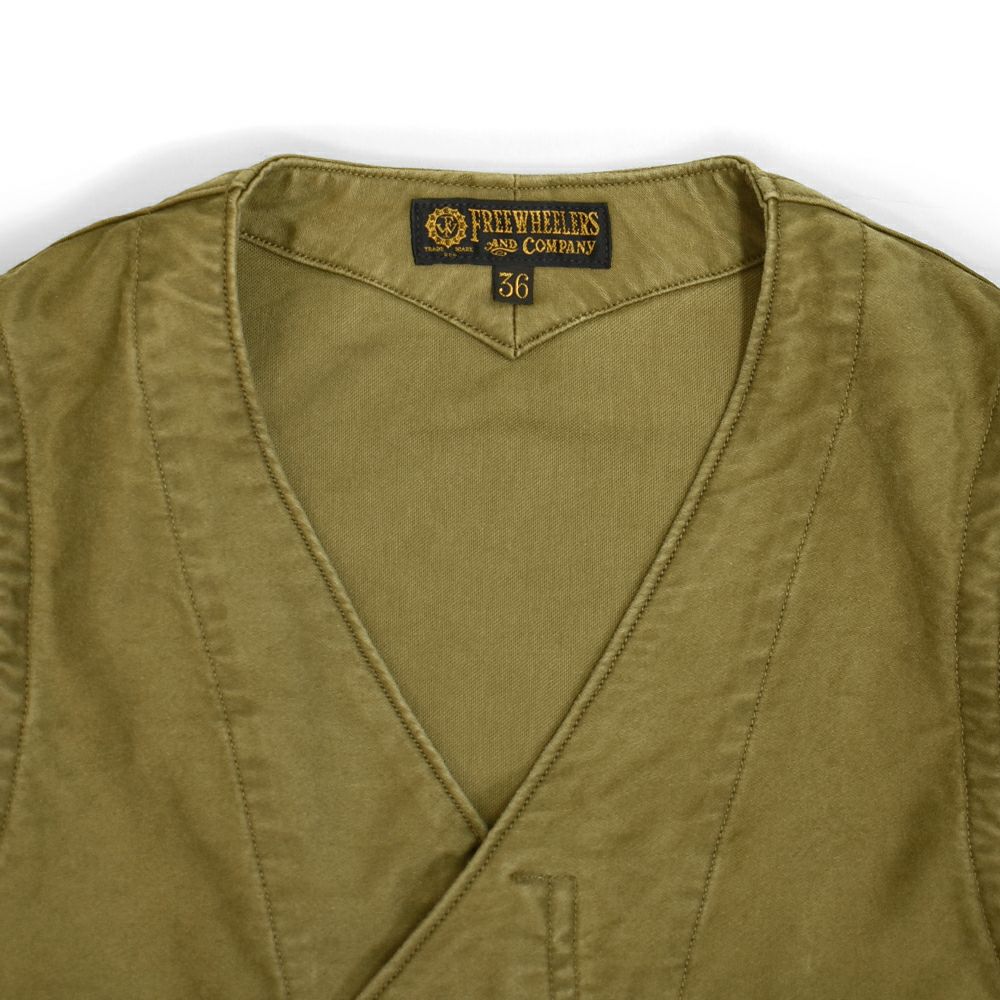 フリーホイーラーズ (FREEWHEELERS) -SPEED ENGINEER- SLEEVELESS COAT Vintage Style Sulfide Dyed Military Moleskin KHAKI コットンベスト エンジニアリングベスト 2521008