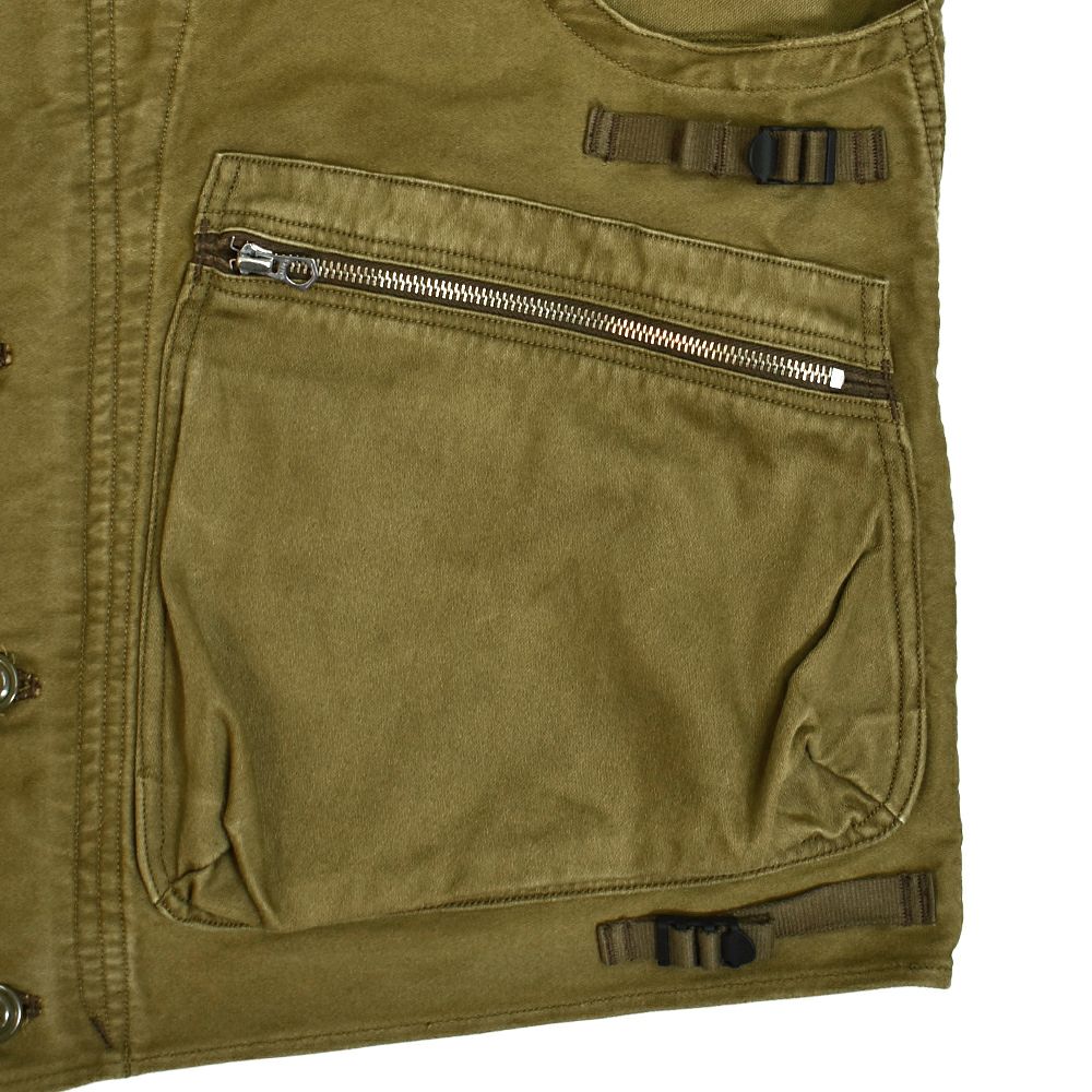フリーホイーラーズ (FREEWHEELERS) -SPEED ENGINEER- SLEEVELESS COAT Vintage Style Sulfide Dyed Military Moleskin KHAKI コットンベスト エンジニアリングベスト 2521008