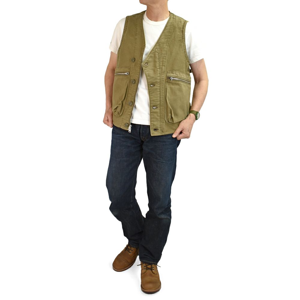 フリーホイーラーズ (FREEWHEELERS) -SPEED ENGINEER- SLEEVELESS COAT Vintage Style Sulfide Dyed Military Moleskin KHAKI コットンベスト エンジニアリングベスト 2521008