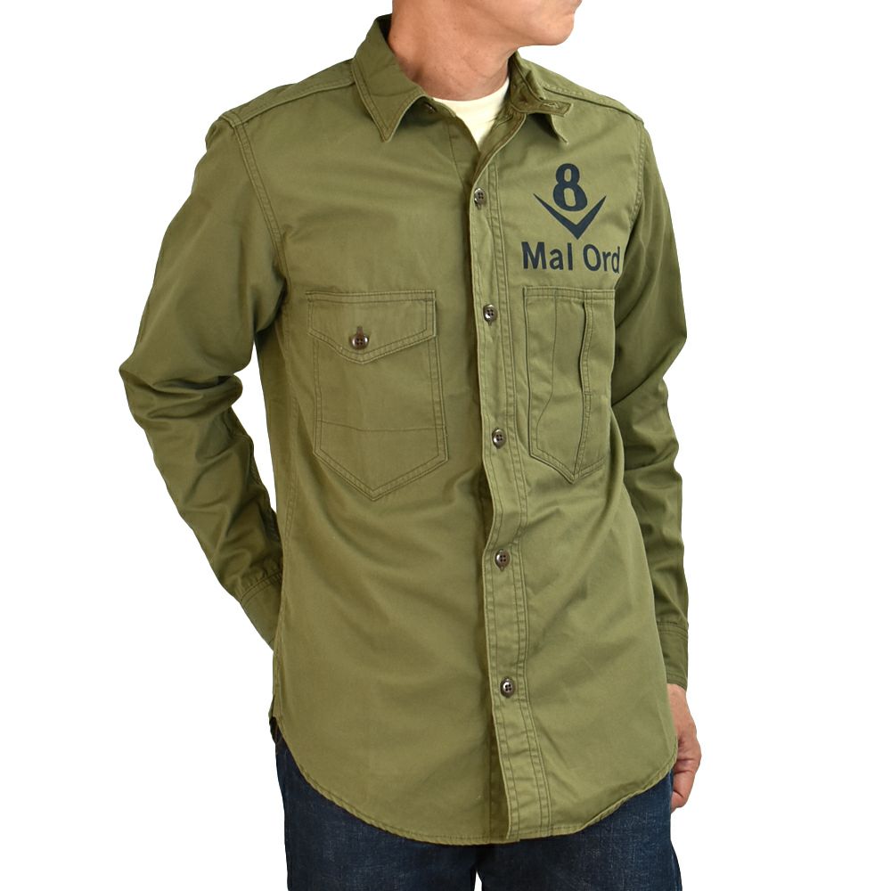 フリーホイーラーズ(FREEWHEELERS)-Mal Ord- Blystone MECHANIC SHIRT 1930s~ STYLE WORK CLOTHING Vintage Style Military Weather LIGHT KHAKI OLIVE メカニックシャツ 長袖プリントシャツ 2523004