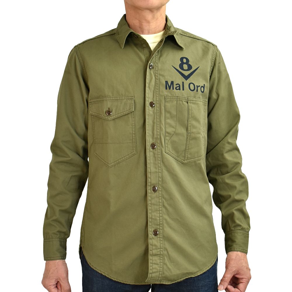 フリーホイーラーズ (FREEWHEELERS) -Mal Ord- Blystone MECHANIC SHIRT 1930s~ STYLE WORK CLOTHING Vintage Style Military Weather LIGHT KHAKI OLIVE メカニックシャツ 長袖プリントシャツ 2523004