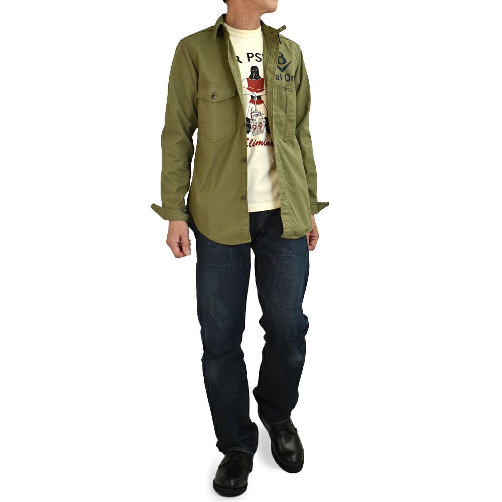 フリーホイーラーズ (FREEWHEELERS) -Mal Ord- Blystone MECHANIC SHIRT 1930s~ STYLE WORK CLOTHING Vintage Style Military Weather LIGHT KHAKI OLIVE メカニックシャツ 長袖プリントシャツ 2523004