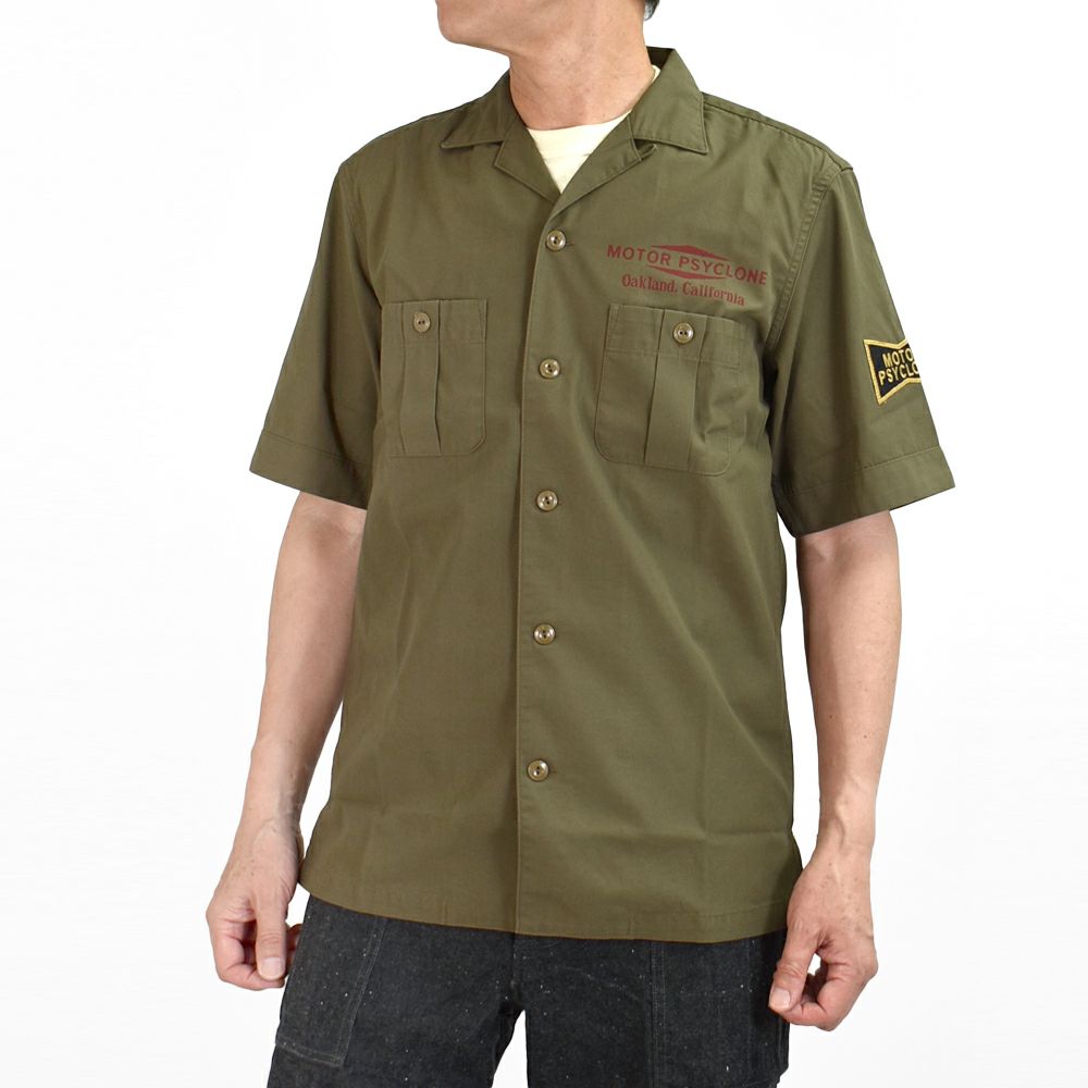 フリーホイーラーズ(FREEWHEELERS)-BUCKET HEAD- Brucie SHORT SLEEVE SHIRT 1960s~ STYLE WORK SHIRT Vintage Style Hard Twist Yarn Higt Density Gabardine　DARK OLIVE メカニックシャツ 半袖プリントシャツ ワークシャツ 2523008