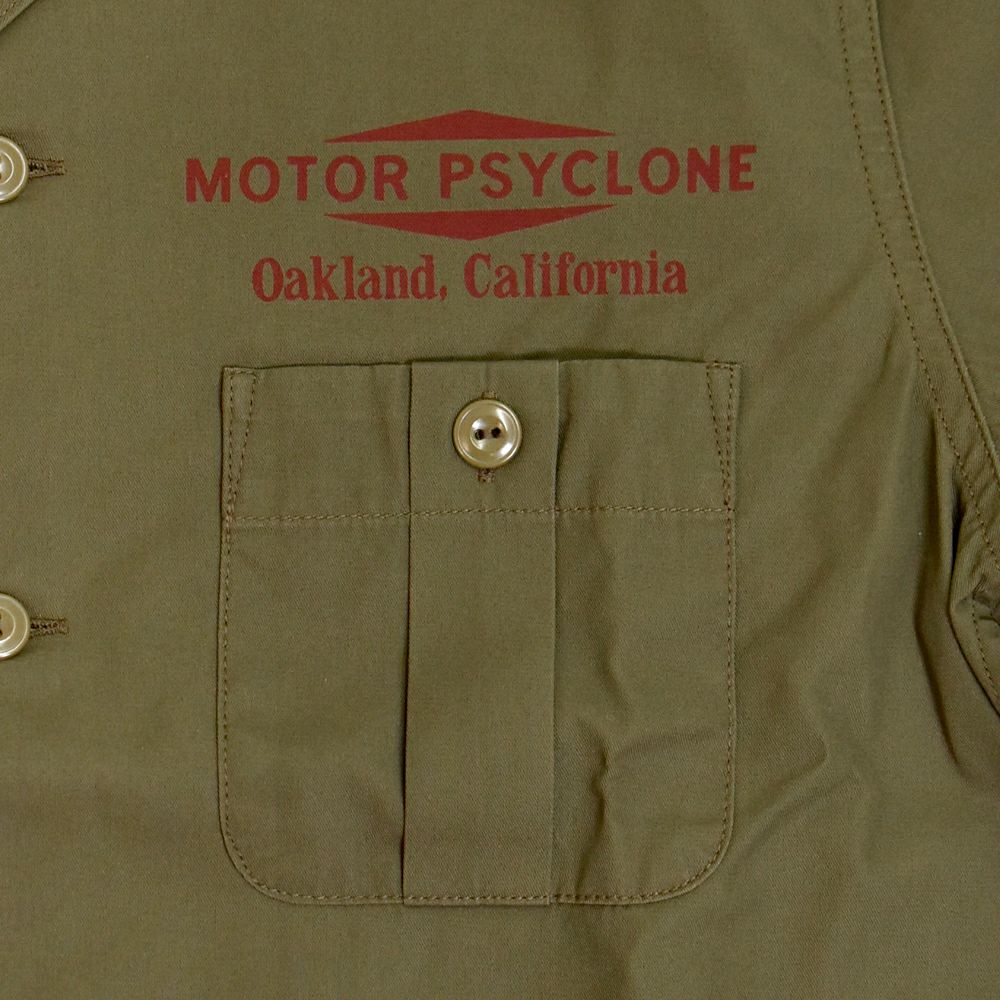 フリーホイーラーズ (FREEWHEELERS) -BUCKET HEAD- Brucie SHORT SLEEVE SHIRT 1960s~ STYLE WORK SHIRT Vintage Style Hard Twist Yarn Higt Density Gabardine DARK OLIVE メカニックシャツ 半袖プリントシャツ ワークシャツ 2523008