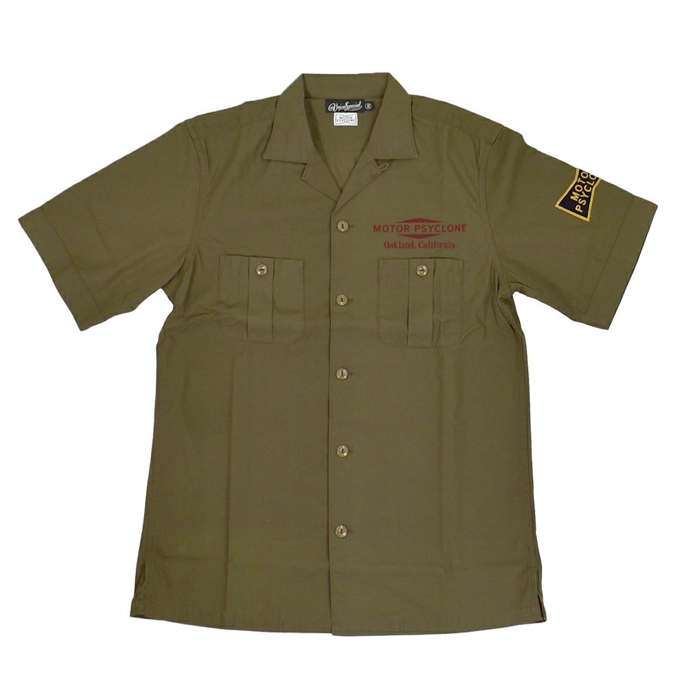 フリーホイーラーズ (FREEWHEELERS) -BUCKET HEAD- Brucie SHORT SLEEVE SHIRT 1960s~ STYLE WORK SHIRT Vintage Style Hard Twist Yarn Higt Density Gabardine DARK OLIVE メカニックシャツ 半袖プリントシャツ ワークシャツ 2523008 DARK OLIVE