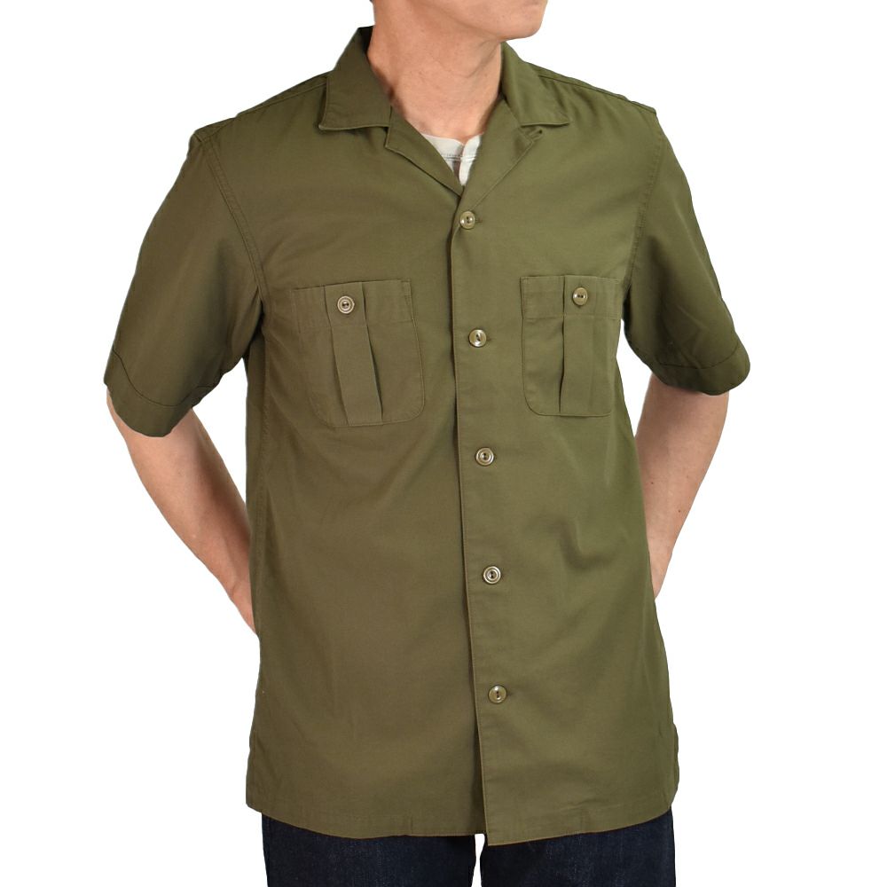 フリーホイーラーズ (FREEWHEELERS) -Brucie- OPEN-COLLARED SHORT SLEEVE SHIRT 1960s~ STYLE WORK SHIRT Vintage Style Hard Twist Yarn Higt Density Gabardine DARK OLIVE メカニックシャツ 半袖シャツ ワークシャツ 2523007
