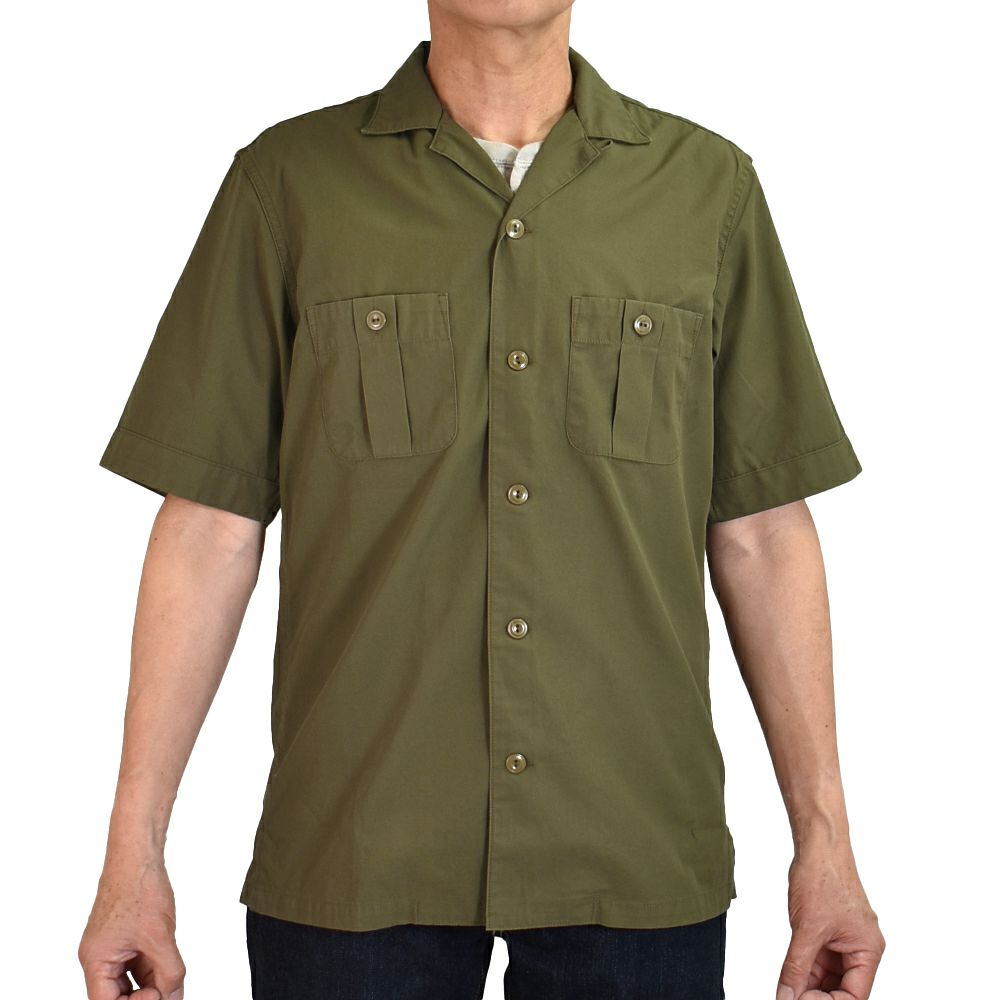 フリーホイーラーズ (FREEWHEELERS) -Brucie- OPEN-COLLARED SHORT SLEEVE SHIRT 1960s~ STYLE WORK SHIRT Vintage Style Hard Twist Yarn Higt Density Gabardine DARK OLIVE メカニックシャツ 半袖シャツ ワークシャツ 2523007