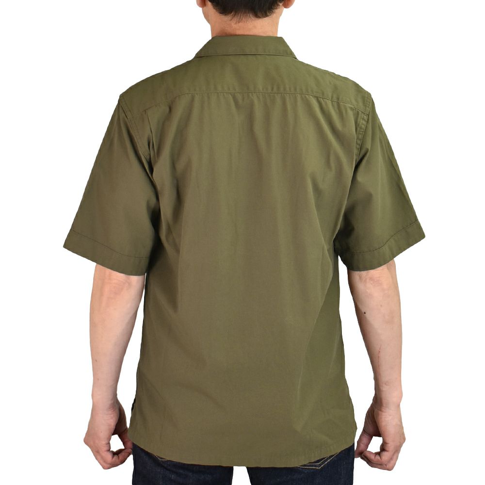 フリーホイーラーズ (FREEWHEELERS) -Brucie- OPEN-COLLARED SHORT SLEEVE SHIRT 1960s~ STYLE WORK SHIRT Vintage Style Hard Twist Yarn Higt Density Gabardine DARK OLIVE メカニックシャツ 半袖シャツ ワークシャツ 2523007