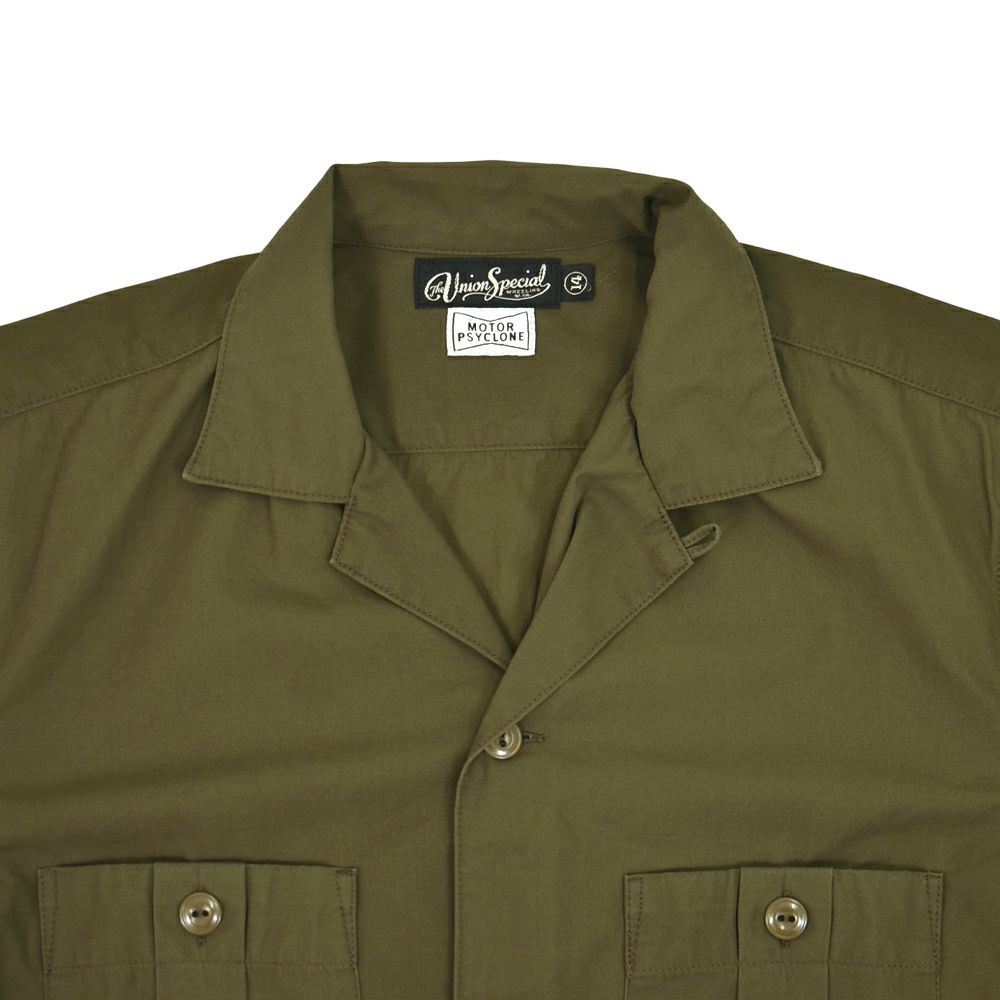 フリーホイーラーズ (FREEWHEELERS) -Brucie- OPEN-COLLARED SHORT SLEEVE SHIRT 1960s~ STYLE WORK SHIRT Vintage Style Hard Twist Yarn Higt Density Gabardine DARK OLIVE メカニックシャツ 半袖シャツ ワークシャツ 2523007