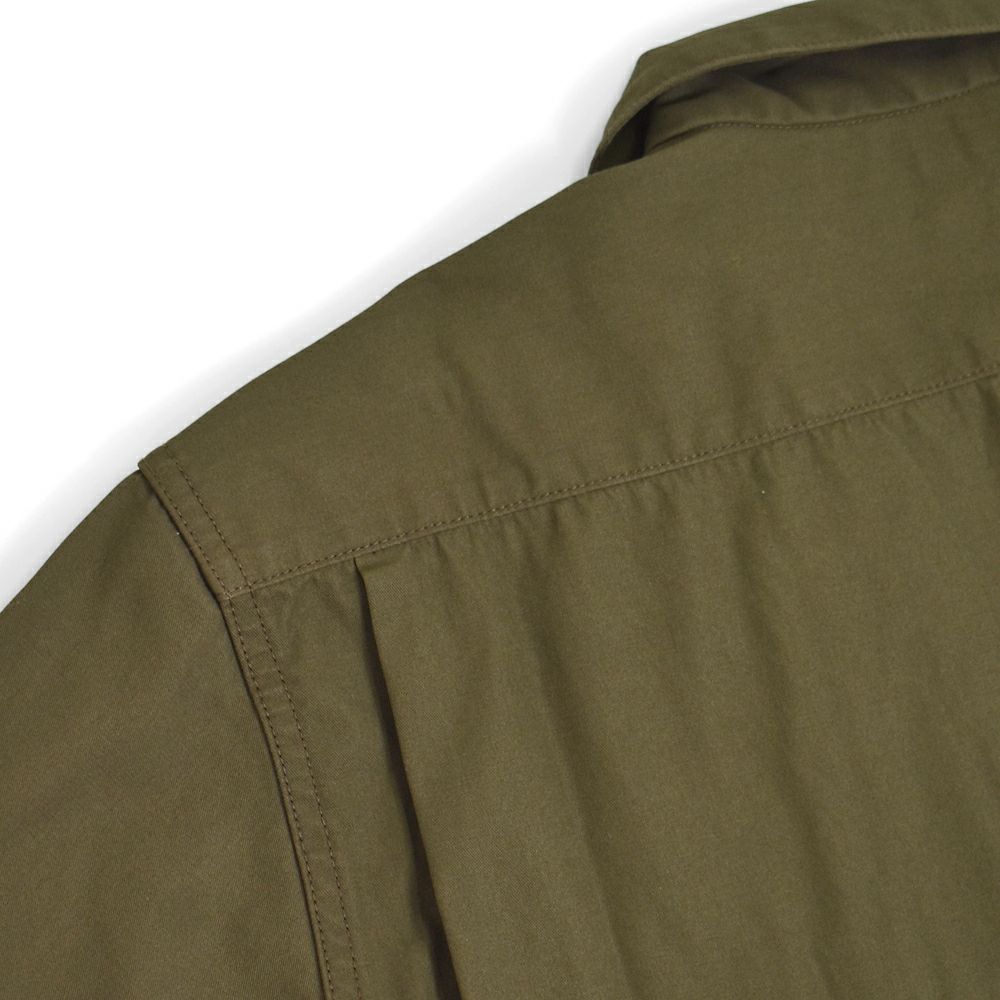 フリーホイーラーズ (FREEWHEELERS) -Brucie- OPEN-COLLARED SHORT SLEEVE SHIRT 1960s~ STYLE WORK SHIRT Vintage Style Hard Twist Yarn Higt Density Gabardine DARK OLIVE メカニックシャツ 半袖シャツ ワークシャツ 2523007