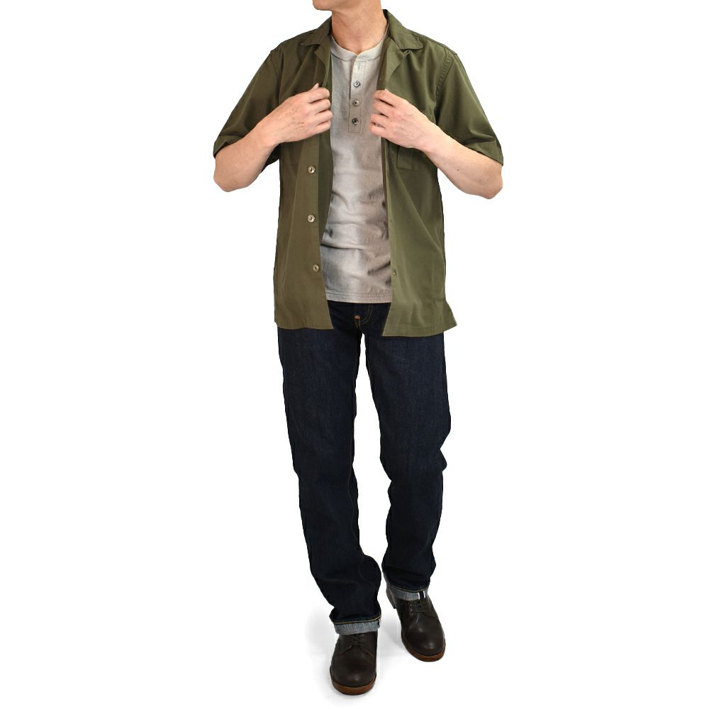 フリーホイーラーズ (FREEWHEELERS) -Brucie- OPEN-COLLARED SHORT SLEEVE SHIRT 1960s~ STYLE WORK SHIRT Vintage Style Hard Twist Yarn Higt Density Gabardine DARK OLIVE メカニックシャツ 半袖シャツ ワークシャツ 2523007