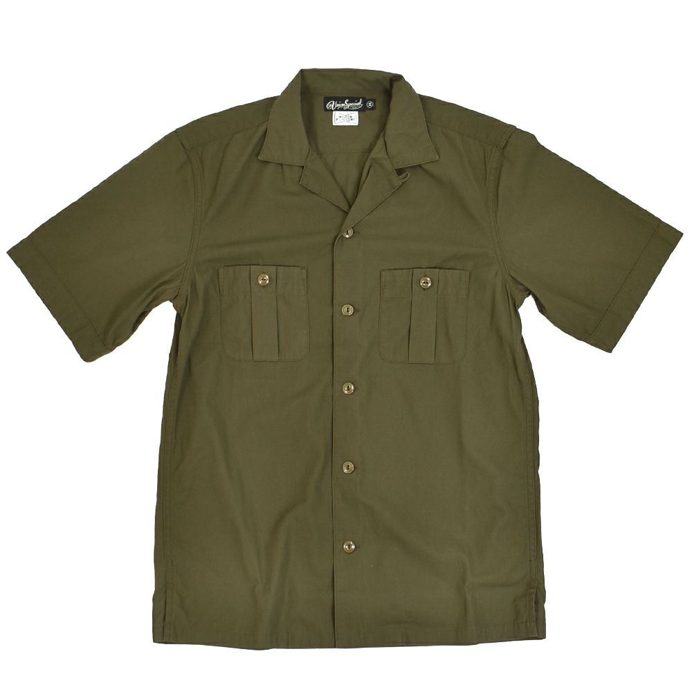 フリーホイーラーズ (FREEWHEELERS) -Brucie- OPEN-COLLARED SHORT SLEEVE SHIRT 1960s~ STYLE WORK SHIRT Vintage Style Hard Twist Yarn Higt Density Gabardine DARK OLIVE メカニックシャツ 半袖シャツ ワークシャツ 2523007 DARK OLIVE