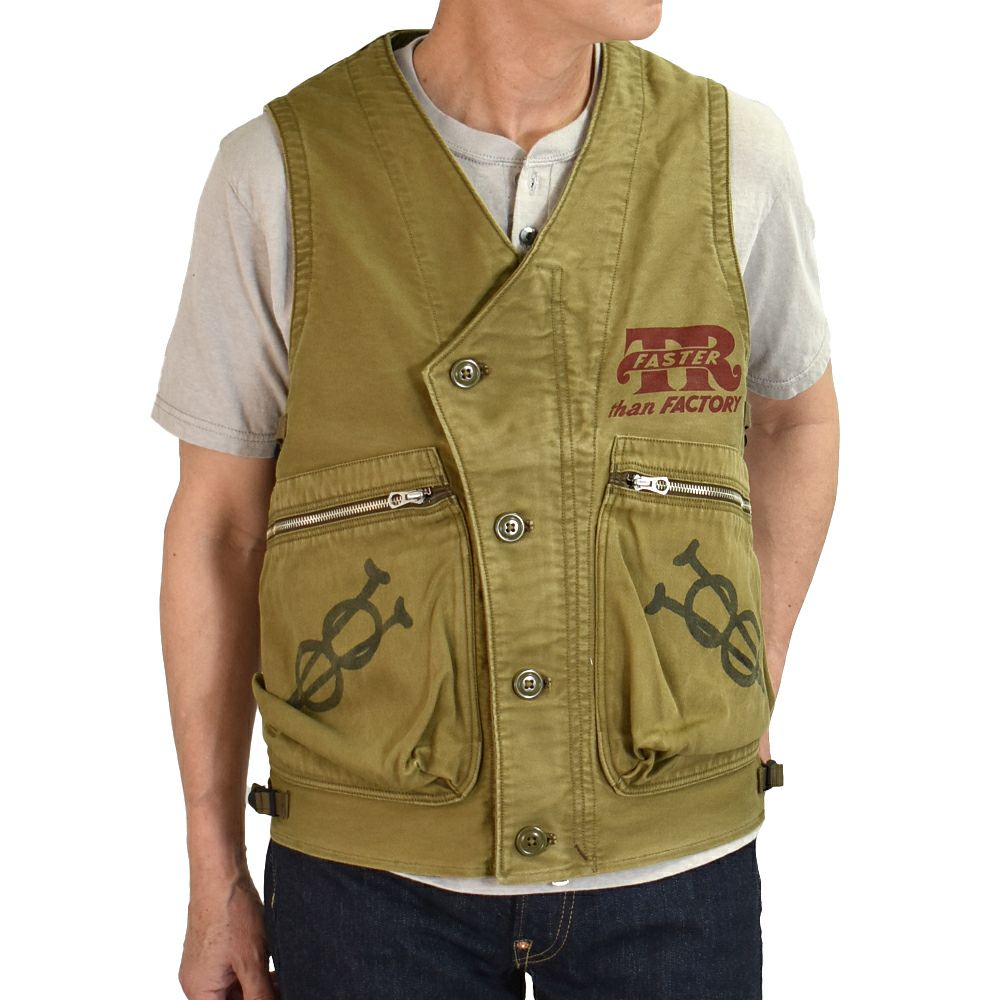 フリーホイーラーズ (FREEWHEELERS)FREEWHEELERS SPEED DIVISION -Throttle Racing- SUPPORT CREW SPEED ENGINEER SLEEVELESS COAT KHAKI コットンベスト アビエイターベスト 2521009