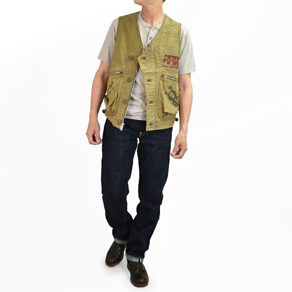 フリーホイーラーズ (FREEWHEELERS)FREEWHEELERS SPEED DIVISION -Throttle Racing- SUPPORT CREW SPEED ENGINEER SLEEVELESS COAT KHAKI コットンベスト アビエイターベスト 2521009