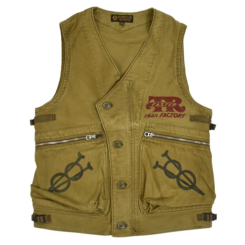 フリーホイーラーズ (FREEWHEELERS)FREEWHEELERS SPEED DIVISION -Throttle Racing- SUPPORT CREW SPEED ENGINEER SLEEVELESS COAT KHAKI コットンベスト アビエイターベスト 2521009 KHAKI