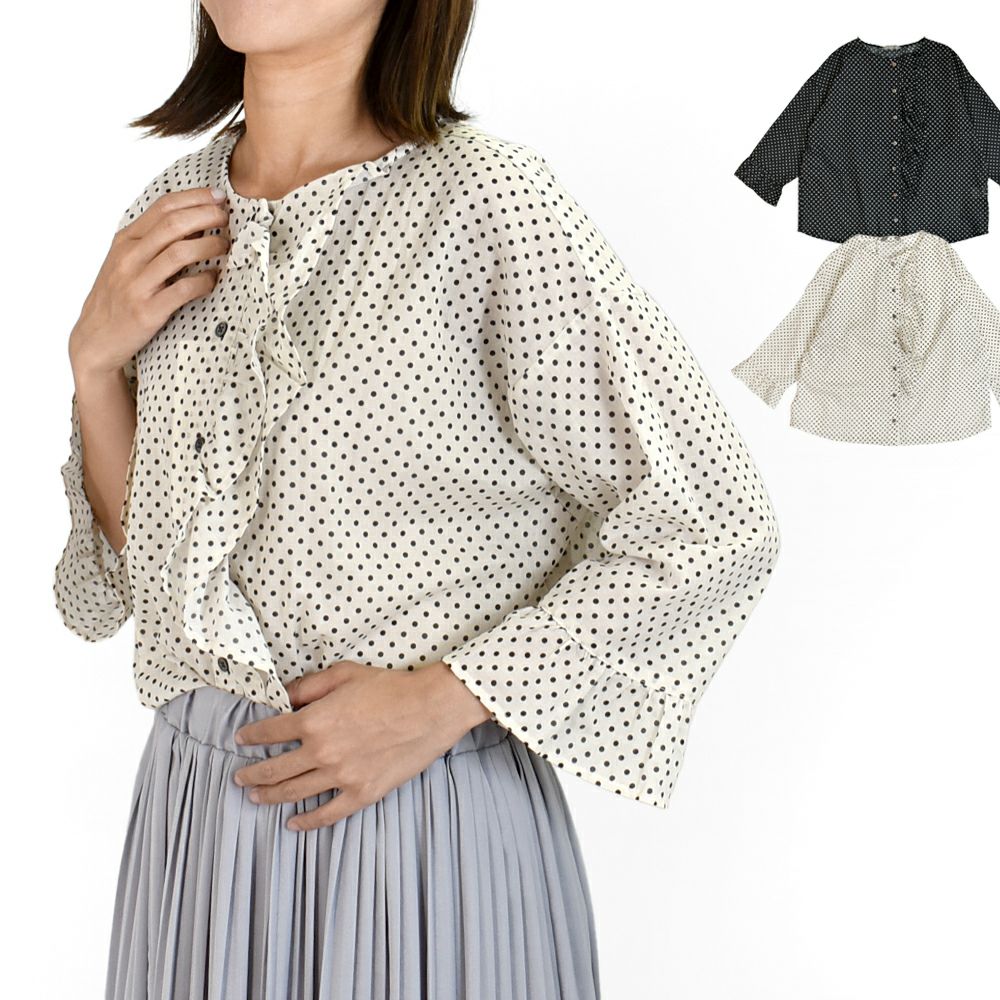 ポンデシャロン (PONT DE CHALONS) ドットptアシメフリルブラウス ドット柄シャツ 22551011