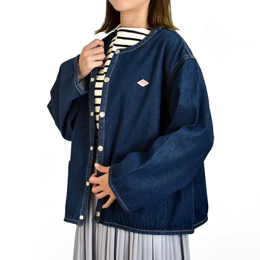 ダントン (DANTON) WOMEN'S DENIM COLLARLESS JACKET CREW NECK JACKT デニムジャケット ノーカラージャケット 襟なし DT-B0397DNS