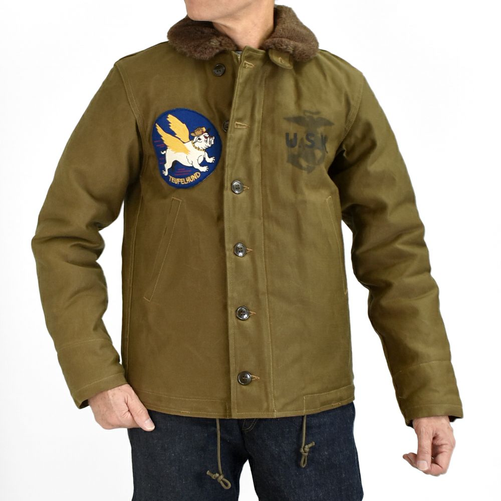 フリーホイーラーズ (FREEWHEELERS) 1944 U.S.M.C Marine Scout Bombing SQ932 -TEUFELHUND- TYPE N-1 1940s MILITARY CLOTHING NXS1404 Original Jungle Cloth Paraffin Coating DARK KHAKI BEIGE デッキジャケット アウター コート カスタム 2531002