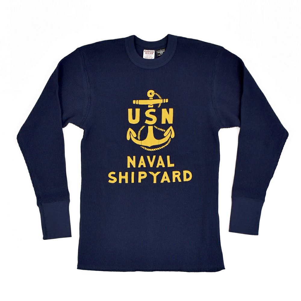 フリーホイーラーズ (FREEWHEELERS) -U.S.N. NAVAL SHIP YARD- CREW NECKED THERMAL LONG SLEEVE SHIRT 1940s STYLE UNDERWEAR 40s POWER WEAR PRINTED LABEL Vintage Style Medium Weight Waffle Knit DRY NAVY 長袖プリントサーマルTシャツ ロンT 2535007