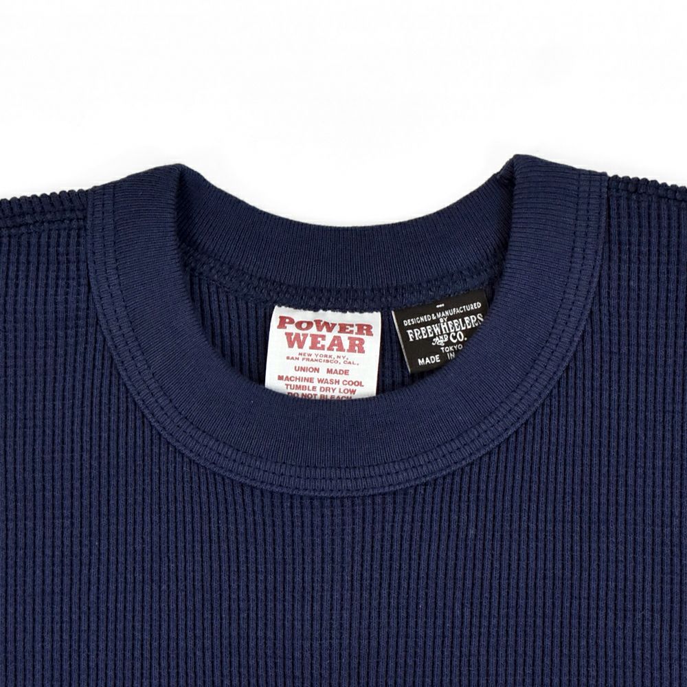 フリーホイーラーズ (FREEWHEELERS) -U.S.N. NAVAL SHIP YARD- CREW NECKED THERMAL LONG SLEEVE SHIRT 1940s STYLE UNDERWEAR 40s POWER WEAR PRINTED LABEL Vintage Style Medium Weight Waffle Knit DRY NAVY 長袖プリントサーマルTシャツ ロンT 2535007