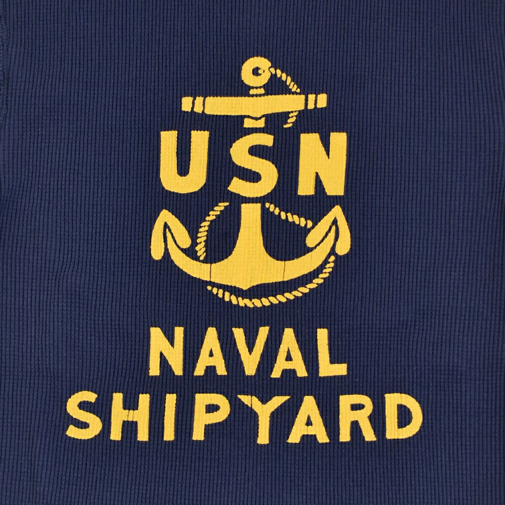 フリーホイーラーズ (FREEWHEELERS) -U.S.N. NAVAL SHIP YARD- CREW NECKED THERMAL LONG SLEEVE SHIRT 1940s STYLE UNDERWEAR 40s POWER WEAR PRINTED LABEL Vintage Style Medium Weight Waffle Knit DRY NAVY 長袖プリントサーマルTシャツ ロンT 2535007
