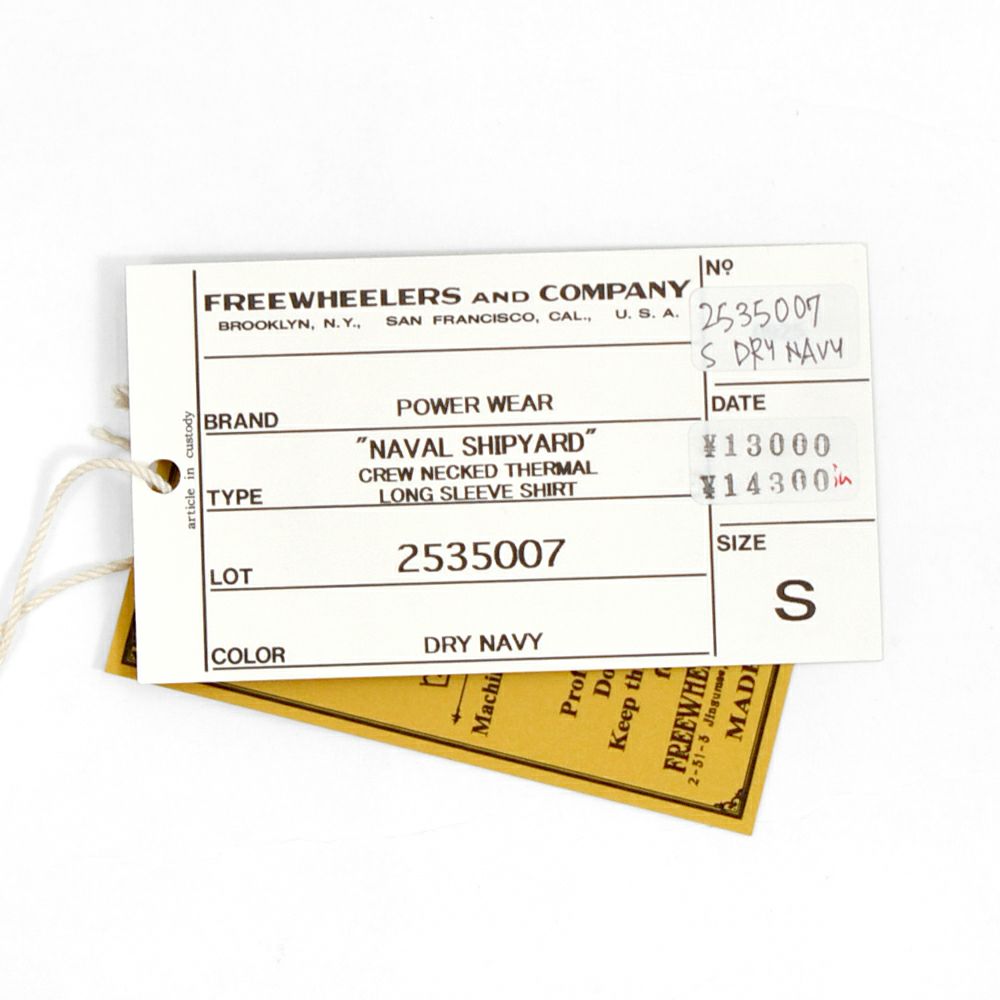 フリーホイーラーズ (FREEWHEELERS) -U.S.N. NAVAL SHIP YARD- CREW NECKED THERMAL LONG SLEEVE SHIRT 1940s STYLE UNDERWEAR 40s POWER WEAR PRINTED LABEL Vintage Style Medium Weight Waffle Knit DRY NAVY 長袖プリントサーマルTシャツ ロンT 2535007