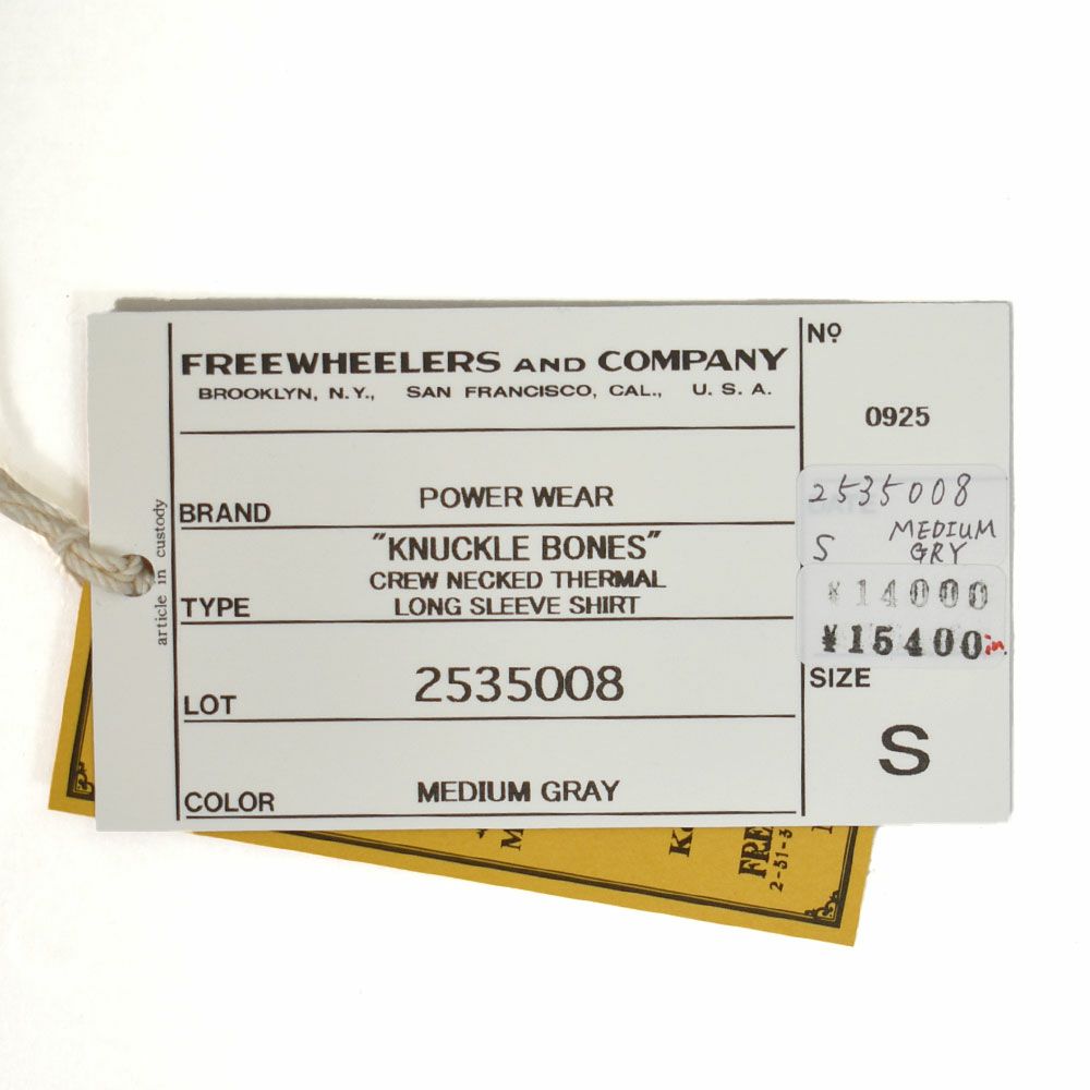 リーホイーラーズ (FREEWHEELERS) -KNUCLE BONES- on -AAF 90thBG 400thBSQ- CREW NECKED THERMAL LONG SLEEVE SHIRT 1950s STYLE UNDERWEAR 50s POWER WEAR PRINT LABEL Vintage Style Medium Weight Waffle Knit MEDIUM GRAY 長袖プリントサーマルTシャツ ロンT 2535008