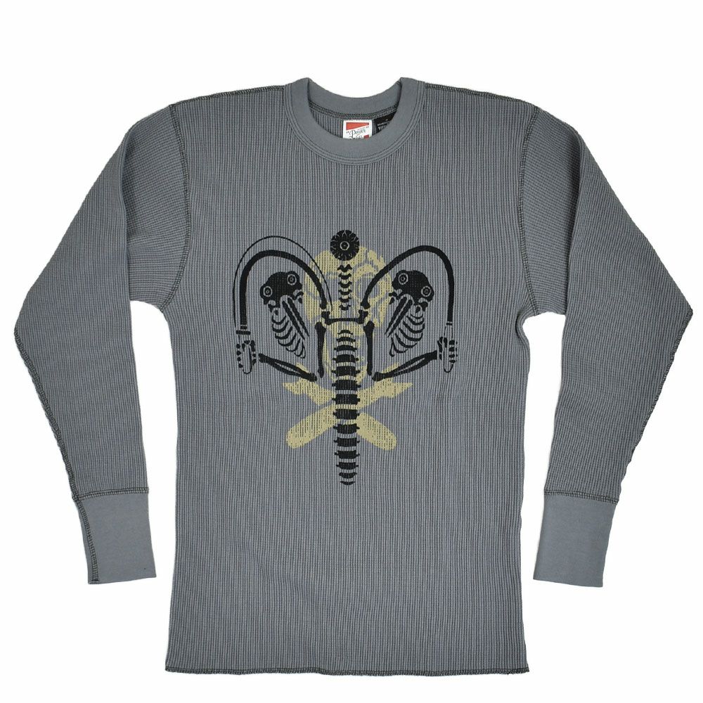 リーホイーラーズ (FREEWHEELERS) -KNUCLE BONES- on -AAF 90thBG 400thBSQ- CREW NECKED THERMAL LONG SLEEVE SHIRT 1950s STYLE UNDERWEAR 50s POWER WEAR PRINT LABEL Vintage Style Medium Weight Waffle Knit MEDIUM GRAY 長袖プリントサーマルTシャツ ロンT 2535008