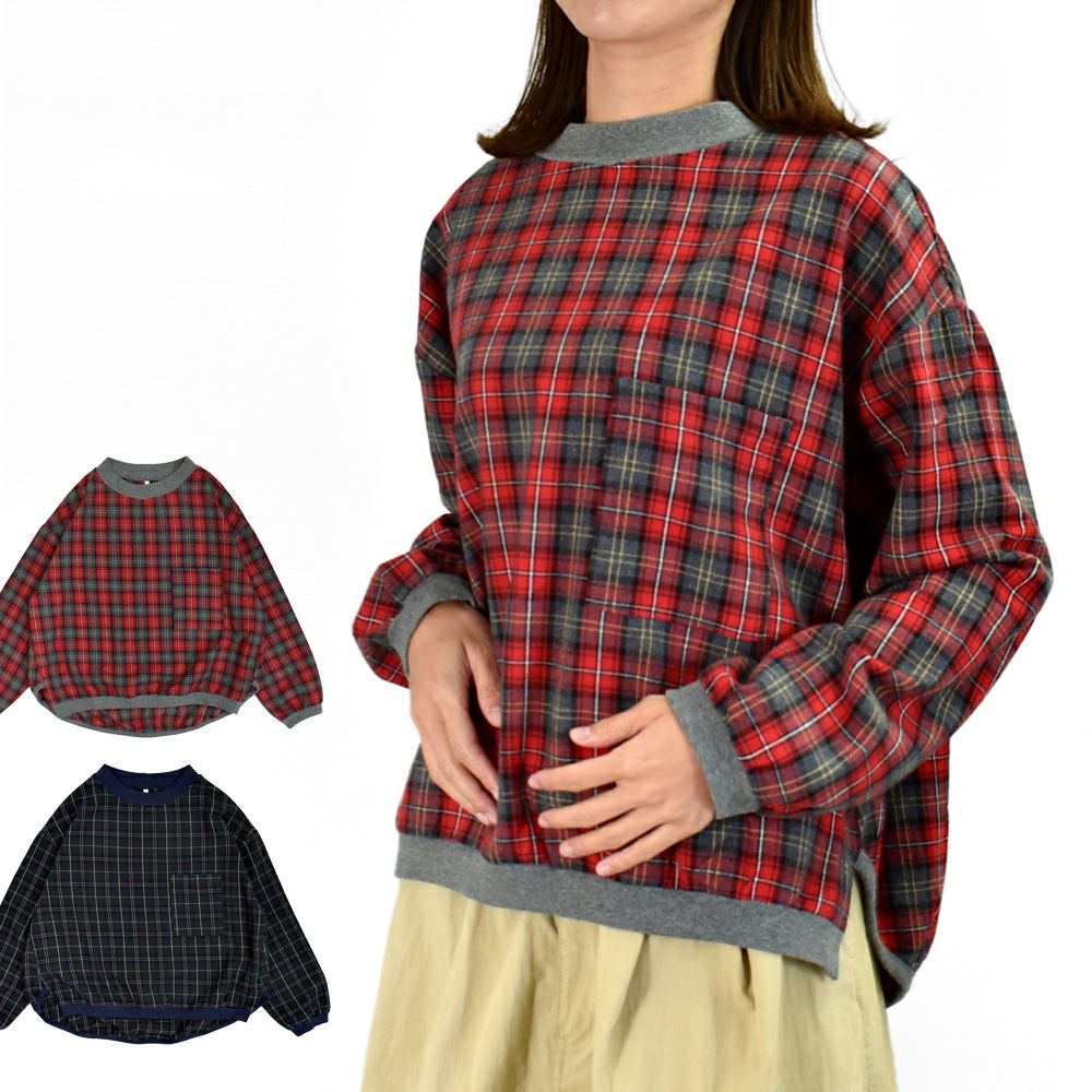 ブリスバンチ (Bliss bunch) FB差RIB使いコクーンPO 長袖チェックネルプルオーバーブラウス リブ使いブラウス W758-490