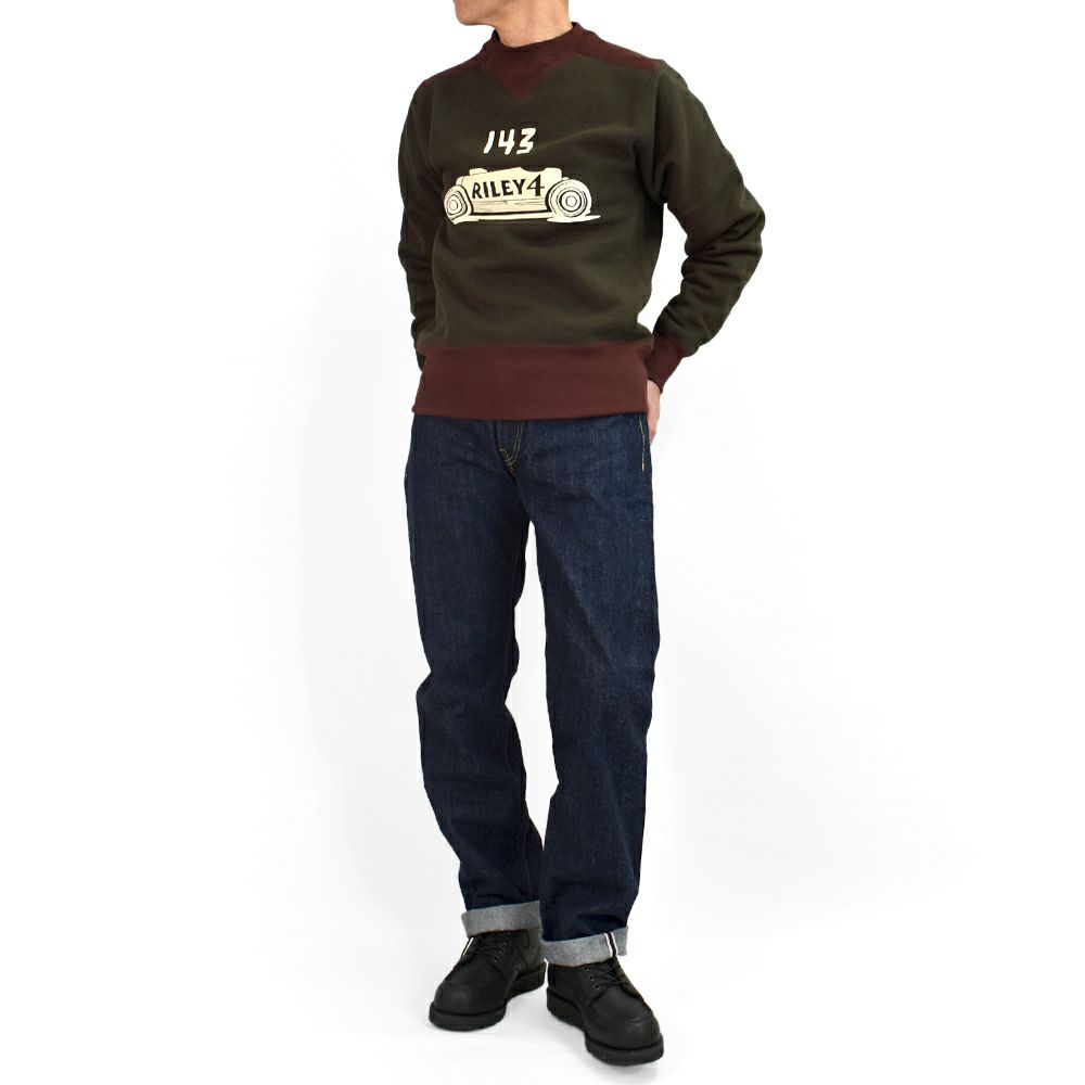 フリーホイーラーズ (FREEWHEELERS) -BIRNER LAKES MODIFIED- ATHLETIC SWEAT SHIRT LATE 1930s COMFORTABLE RIB KNIT TRIMMED SWEAT SHIRT Vintage Style Special Heavy Weight Fleece DARK OLIVE DRAB × OLD BROWN 長袖トレーナー スウェットシャツ 2534008