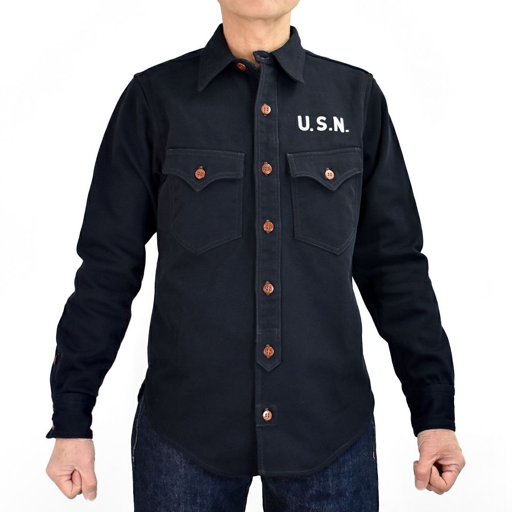 フリーホイーラーズ (FREEWHEELERS) -Jolly Rogers CV17- 1930s~1940s MILITARY CUSTOM SHIRT Original Cotton Hard Twist Kersey DARK NAVY 長袖ワークシャツ 2533004