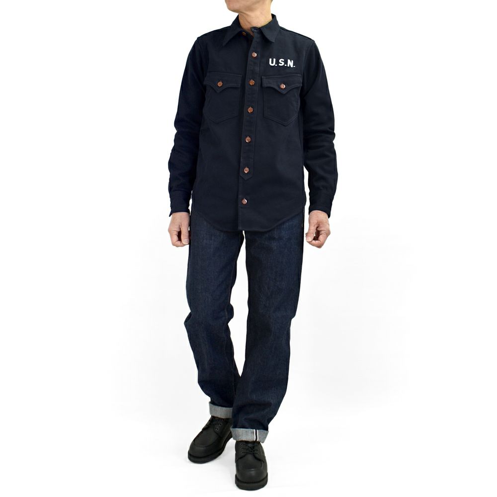 フリーホイーラーズ (FREEWHEELERS) -Jolly Rogers CV17- 1930s~1940s MILITARY CUSTOM SHIRT Original Cotton Hard Twist Kersey DARK NAVY 長袖ワークシャツ 2533004